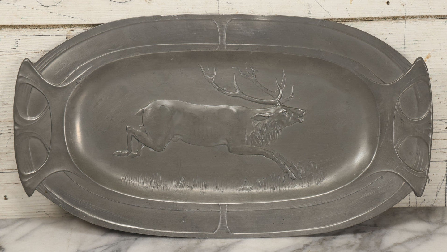 Lot 004 - Antique Art Nouveau German Pewter Platter With Stag Motif, By L. Ostermayr, Nuremberg, Germany