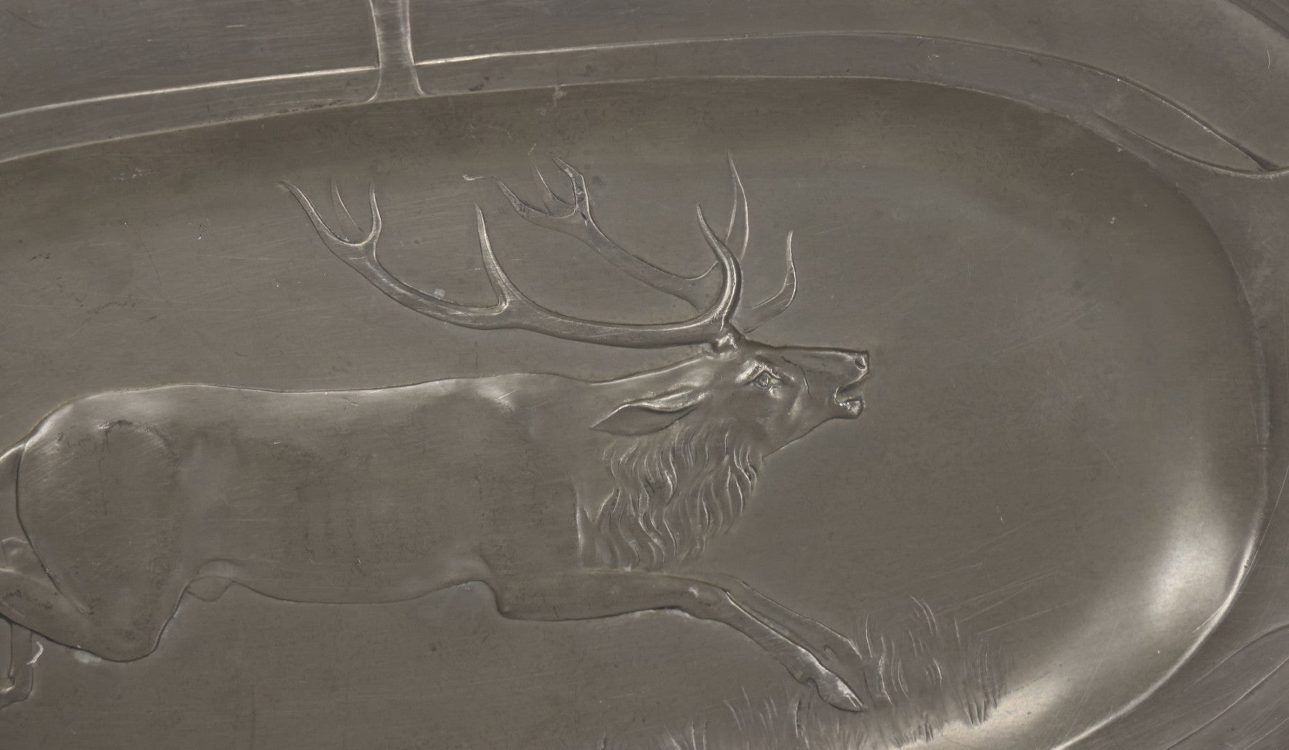 Lot 004 - Antique Art Nouveau German Pewter Platter With Stag Motif, By L. Ostermayr, Nuremberg, Germany