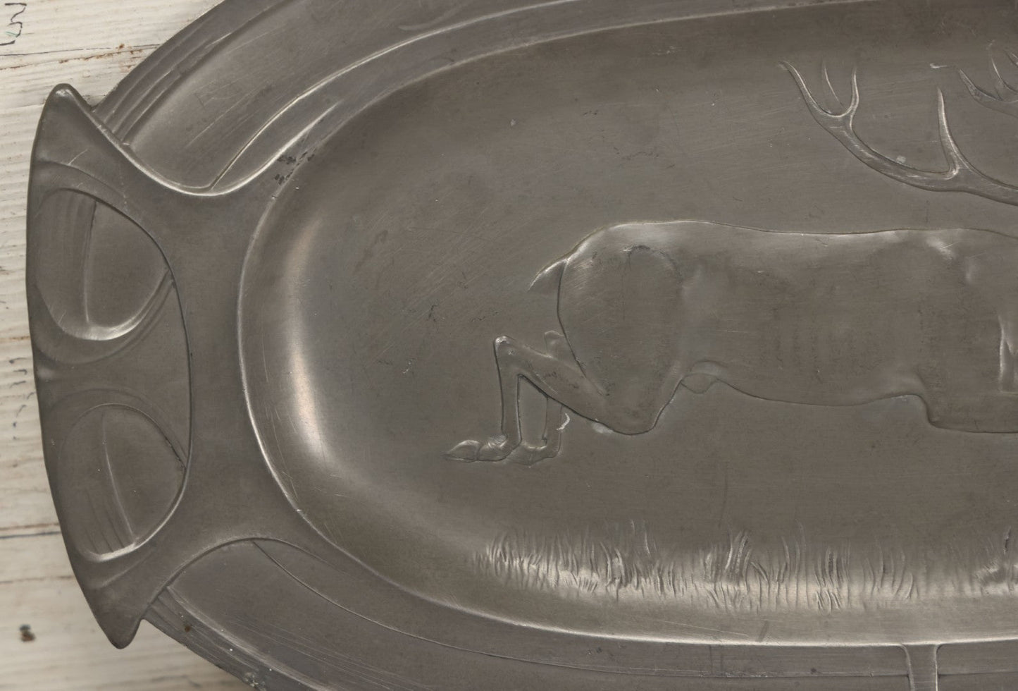 Lot 004 - Antique Art Nouveau German Pewter Platter With Stag Motif, By L. Ostermayr, Nuremberg, Germany