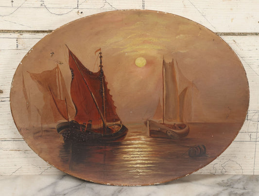 Lot 005 - Antique Nautical Harbor Scene Painting On Composition Platter, Fishing Sail Ships At Sunset, With Paper Labels On Verso, Out Of Boston