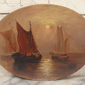 Lot 005 - Antique Nautical Harbor Scene Painting On Composition Platter, Fishing Sail Ships At Sunset, With Paper Labels On Verso, Out Of Boston