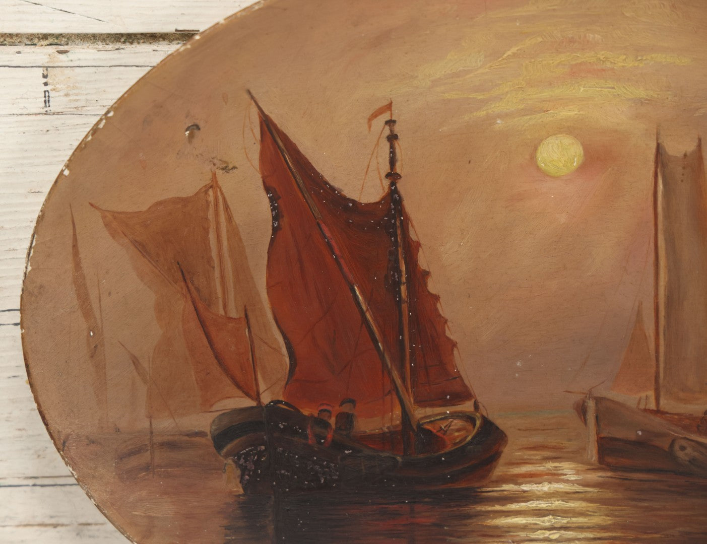 Lot 005 - Antique Nautical Harbor Scene Painting On Composition Platter, Fishing Sail Ships At Sunset, With Paper Labels On Verso, Out Of Boston