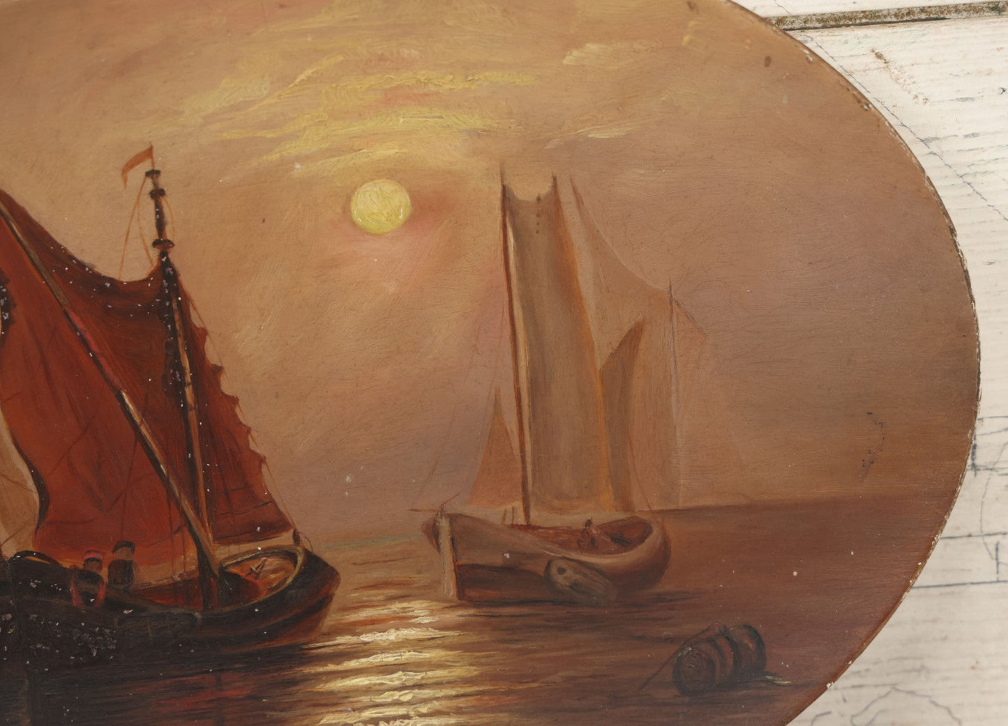 Lot 005 - Antique Nautical Harbor Scene Painting On Composition Platter, Fishing Sail Ships At Sunset, With Paper Labels On Verso, Out Of Boston