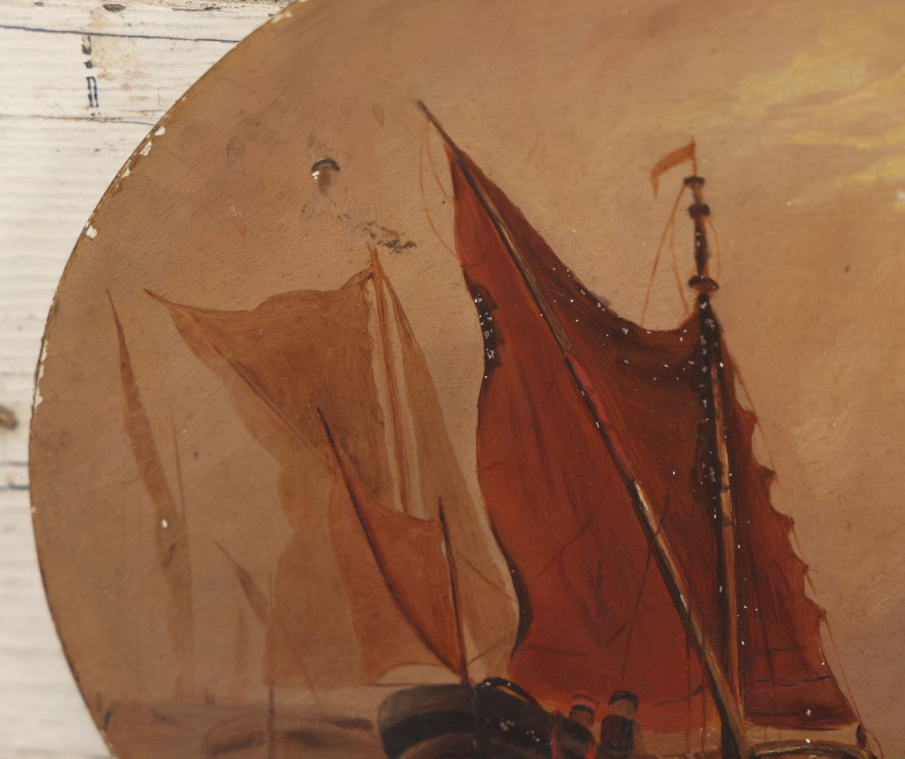 Lot 005 - Antique Nautical Harbor Scene Painting On Composition Platter, Fishing Sail Ships At Sunset, With Paper Labels On Verso, Out Of Boston