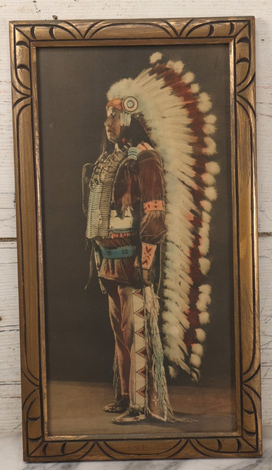 Lot 021 - Vintage Framed Colorized Photograph Of A Native American Indian Man In Traditional Headdress, In Original Frame, Marked Underwood & Underwood 8025, 9-3/4" x 17-3/4"