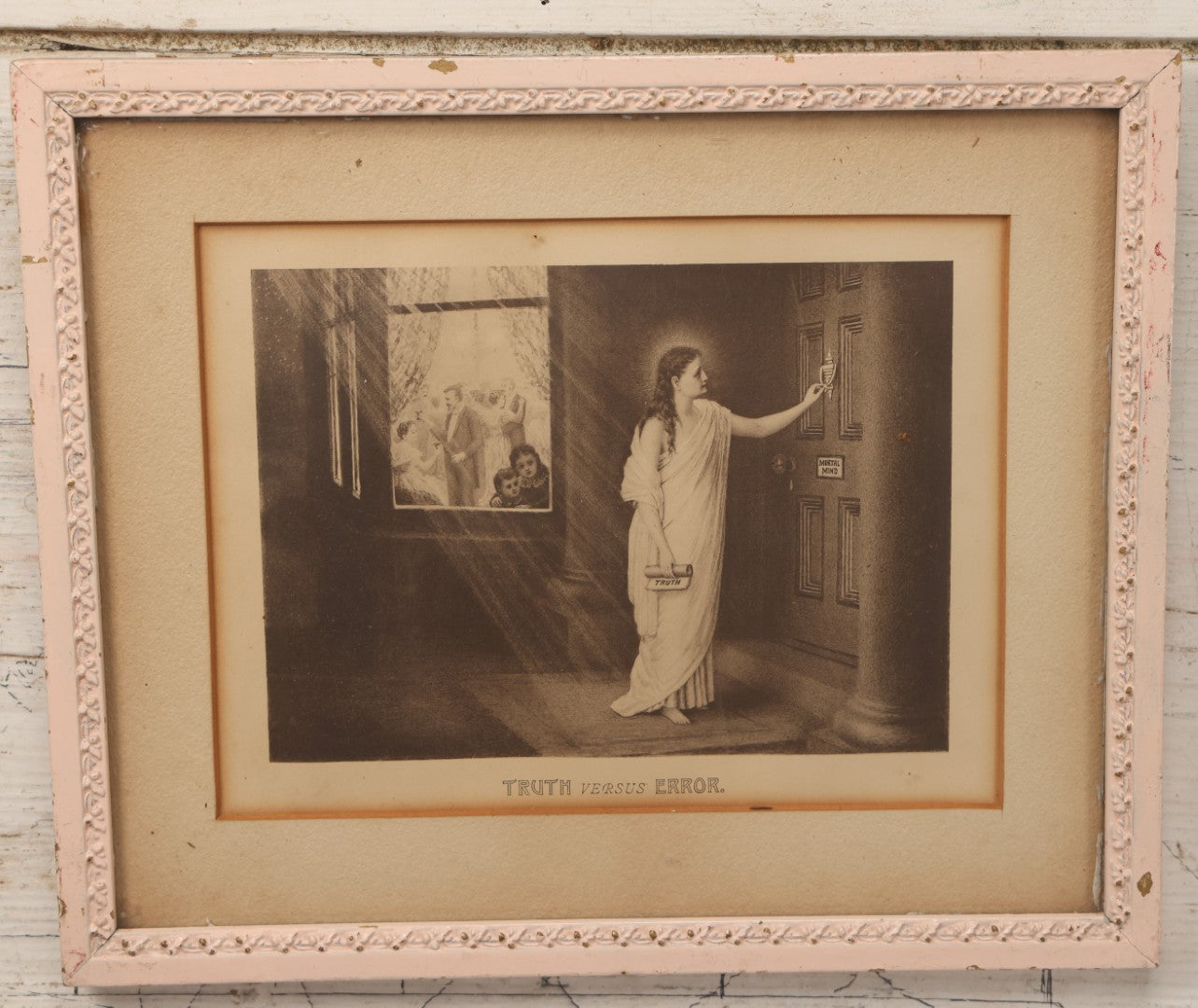 Lot 022 - Antique Print In Frame Titled "Truth Versus Error" With Truth Personified As A Woman Knocking On The Door Of The Mental Mind, In Frame, 11-3/4" x 9-3/4"