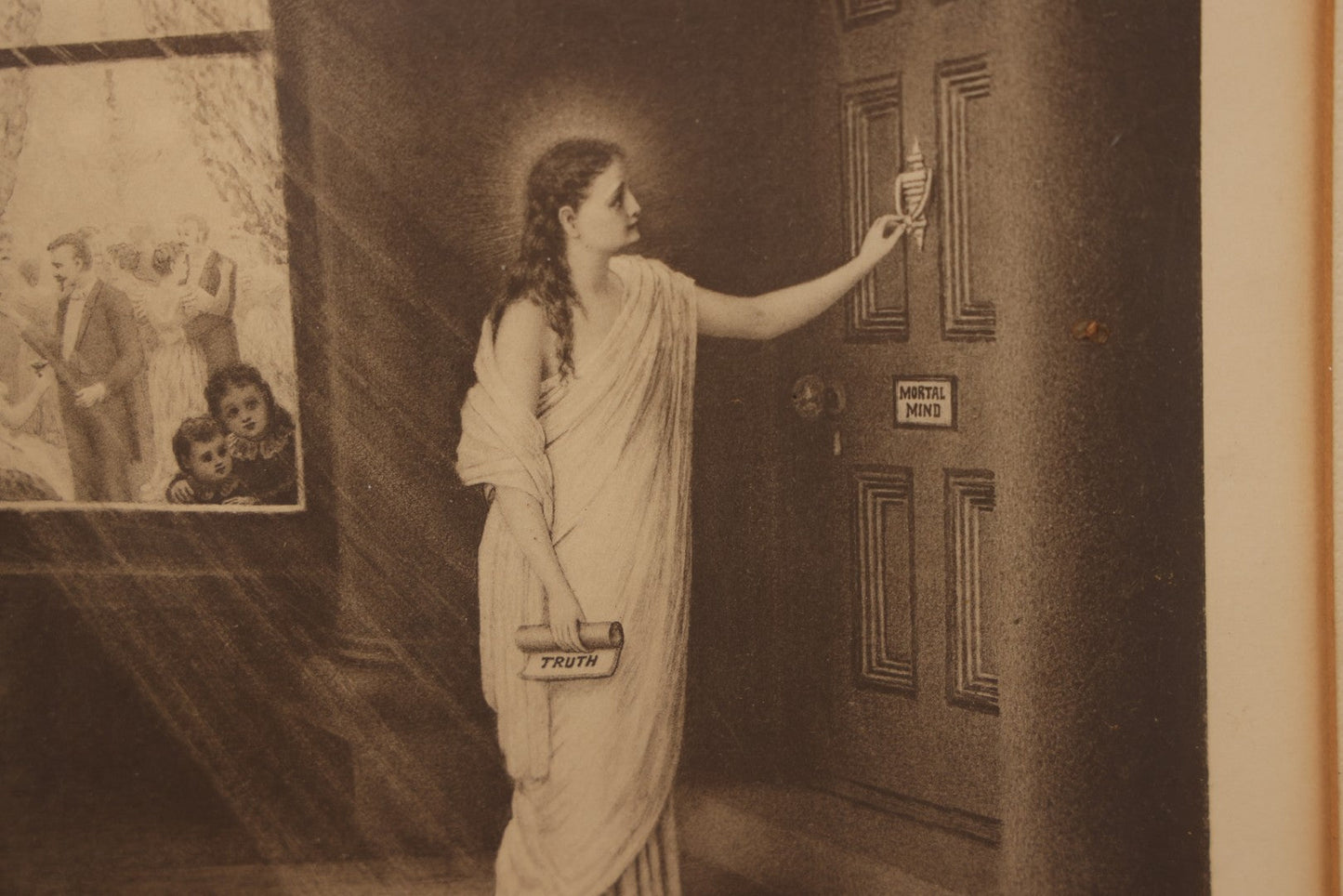 Lot 022 - Antique Print In Frame Titled "Truth Versus Error" With Truth Personified As A Woman Knocking On The Door Of The Mental Mind, In Frame, 11-3/4" x 9-3/4"