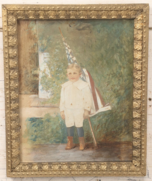 Lot 024 - Vintage Watercolor Over Photograph Of A Young Boy Holding An American Flag, In Frame, 9-1/2" x 11-5/8"