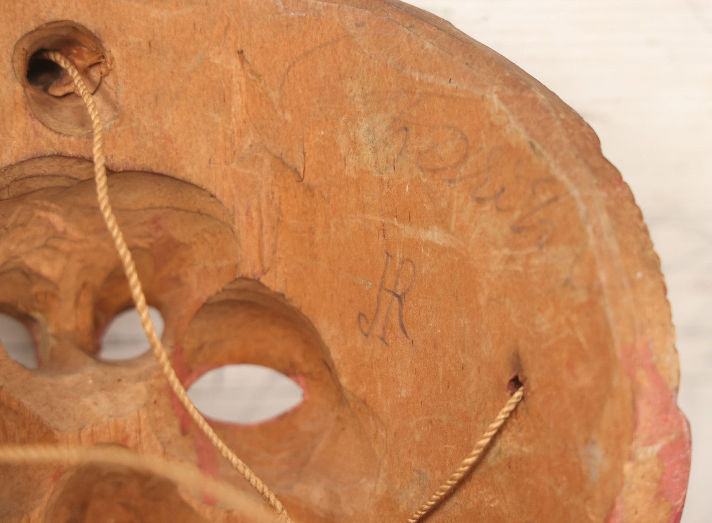 Lot 028 - Vintage Folk Art Mask Of A Blonde Man With A Blonde Mustache, Four Eye Holes, Artist Signed On Verso, With String, 20Th Century