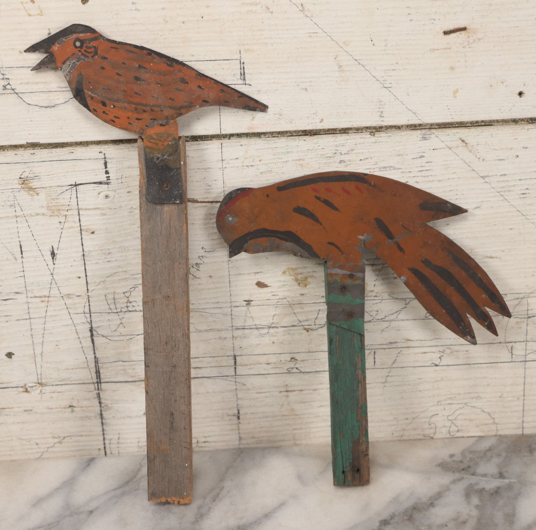 Lot 030 - Pair Of Antique Folk Art Hand Painted Cut Tin Metal Bird Figures On Wooden Sticks, Likely Whirly-Gig Remnants, As Found