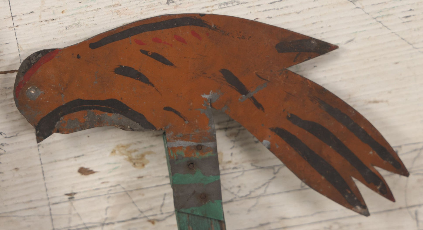 Lot 030 - Pair Of Antique Folk Art Hand Painted Cut Tin Metal Bird Figures On Wooden Sticks, Likely Whirly-Gig Remnants, As Found