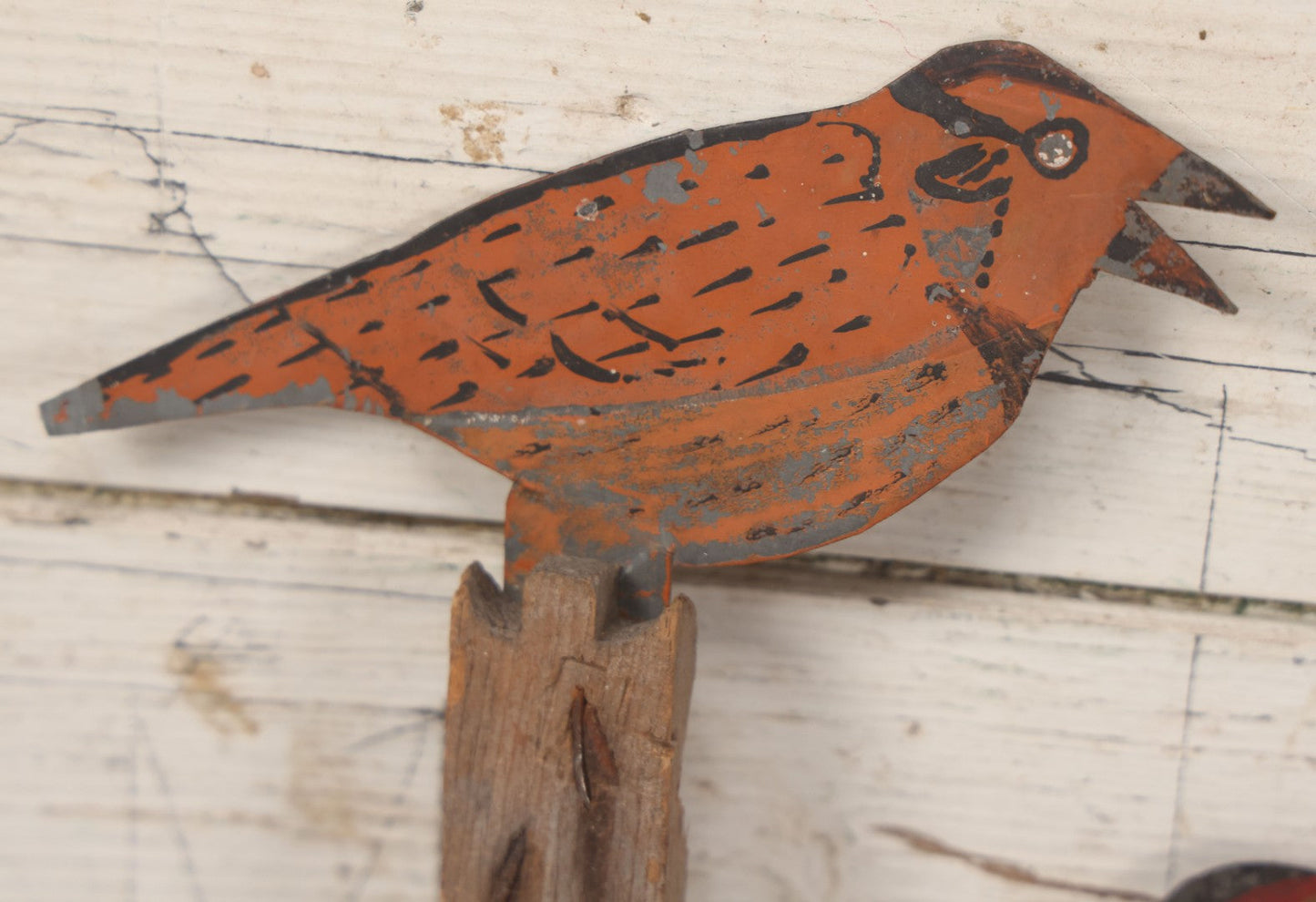 Lot 030 - Pair Of Antique Folk Art Hand Painted Cut Tin Metal Bird Figures On Wooden Sticks, Likely Whirly-Gig Remnants, As Found