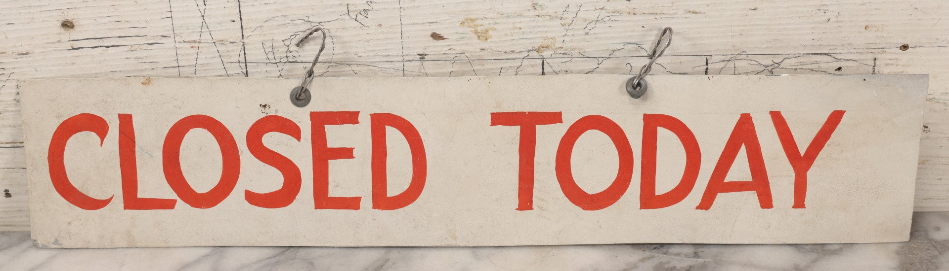 Lot 031 - Vintage Hand Painted "Closed Today" Sign, Paint On Tin Metal, Double Sided, With Hangers, 20" x 4"