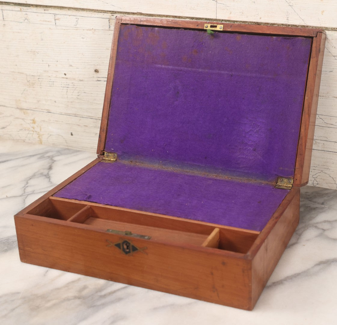 Lot 032 - Antique Lift Top Writing Lap Desk With Interior Compartments, Purple Felt, Painted, Carved Details On Exterior