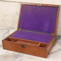 Lot 032 - Antique Lift Top Writing Lap Desk With Interior Compartments, Purple Felt, Painted, Carved Details On Exterior