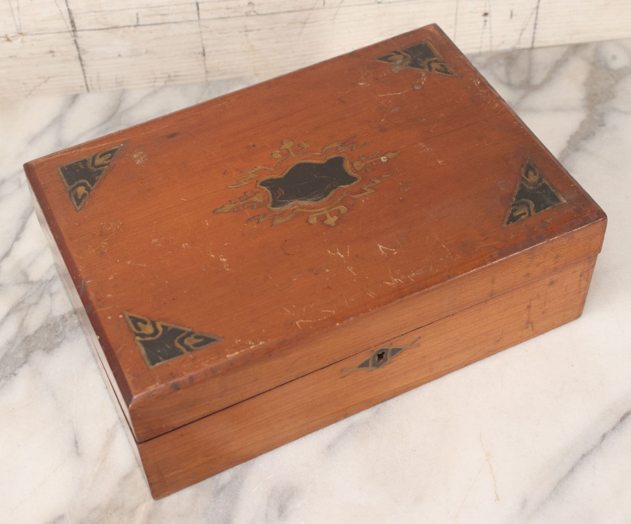 Lot 032 - Antique Lift Top Writing Lap Desk With Interior Compartments, Purple Felt, Painted, Carved Details On Exterior