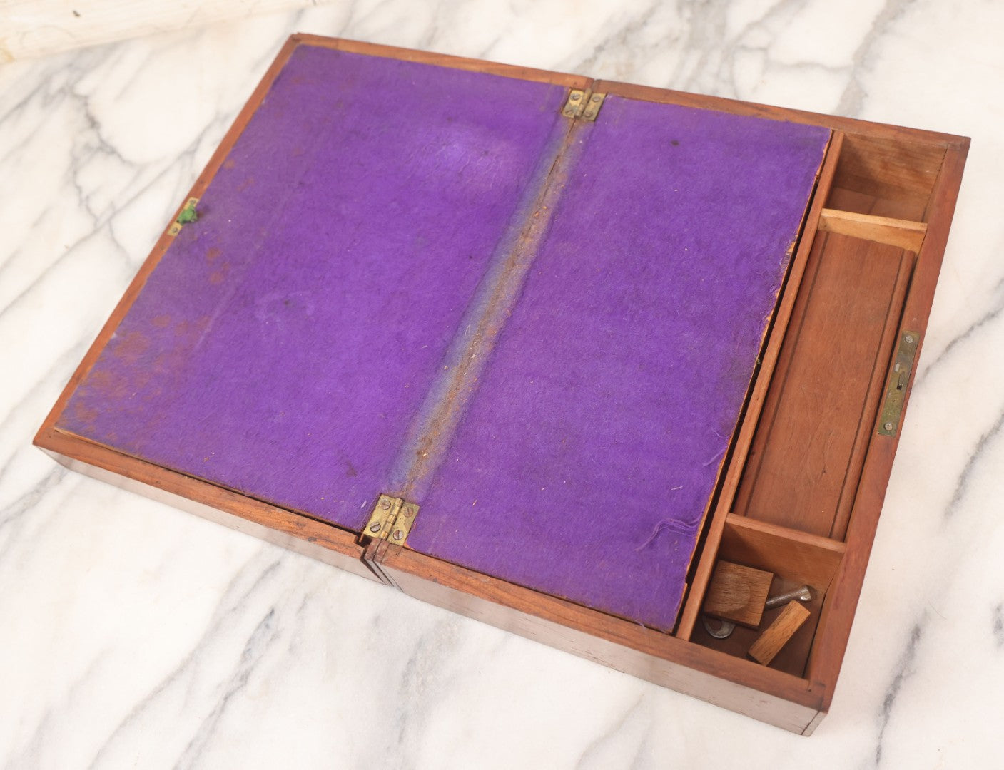 Lot 032 - Antique Lift Top Writing Lap Desk With Interior Compartments, Purple Felt, Painted, Carved Details On Exterior