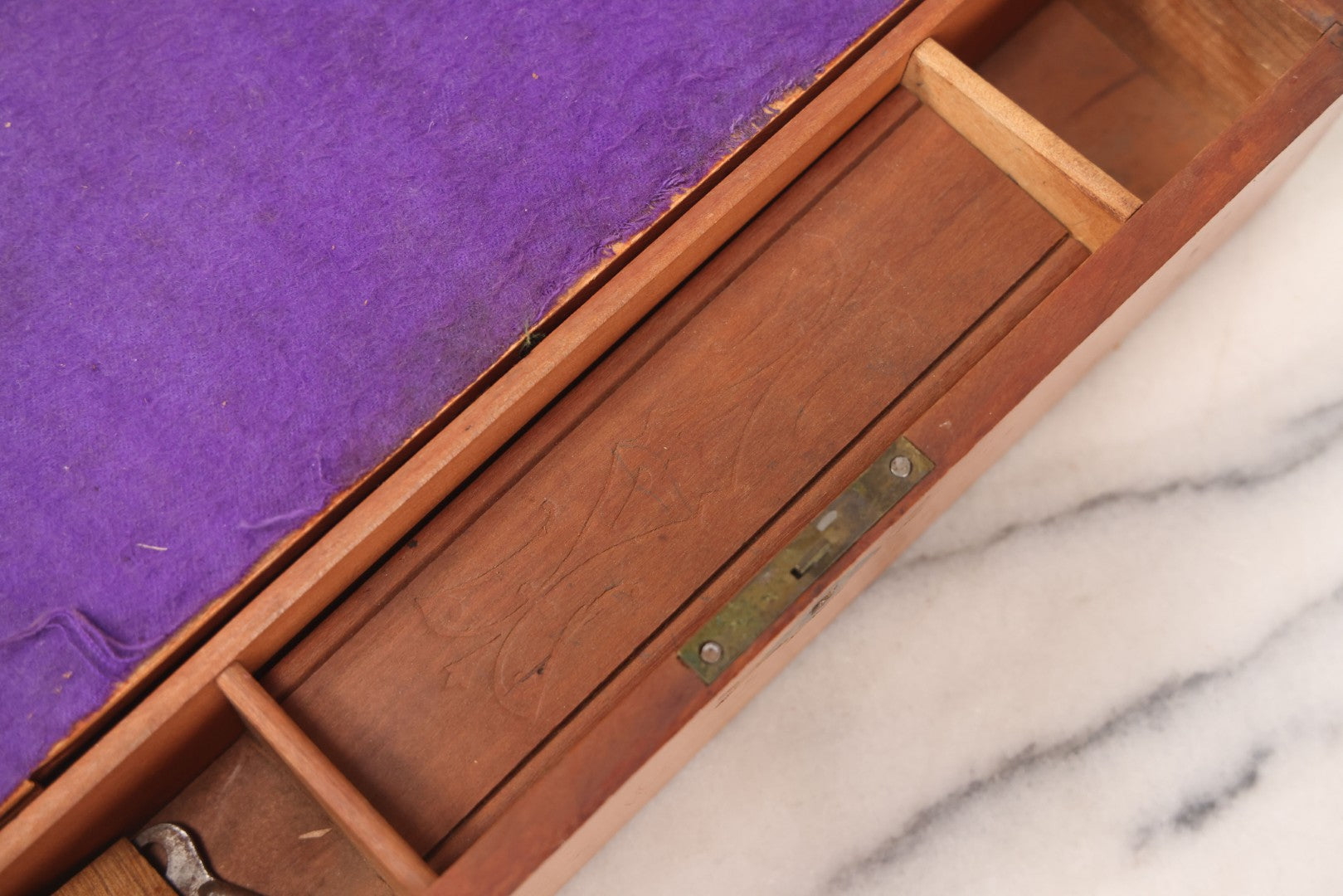 Lot 032 - Antique Lift Top Writing Lap Desk With Interior Compartments, Purple Felt, Painted, Carved Details On Exterior