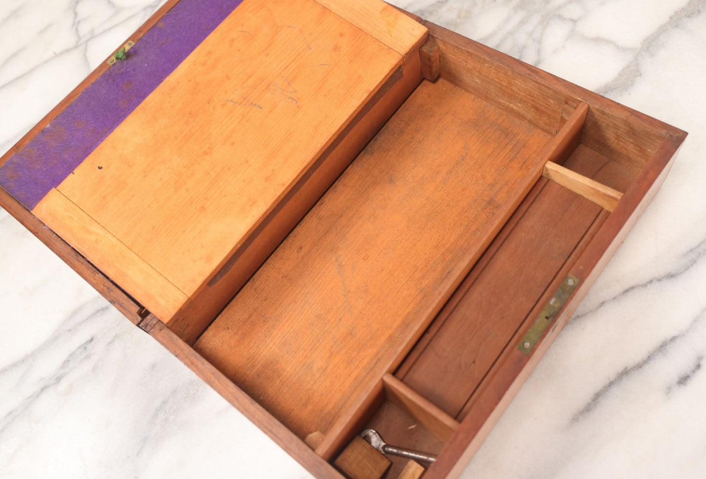 Lot 032 - Antique Lift Top Writing Lap Desk With Interior Compartments, Purple Felt, Painted, Carved Details On Exterior