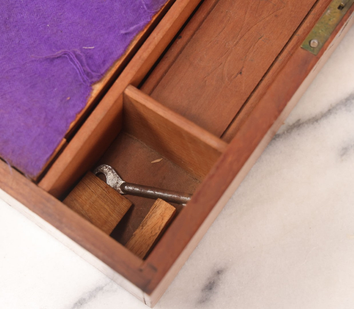 Lot 032 - Antique Lift Top Writing Lap Desk With Interior Compartments, Purple Felt, Painted, Carved Details On Exterior