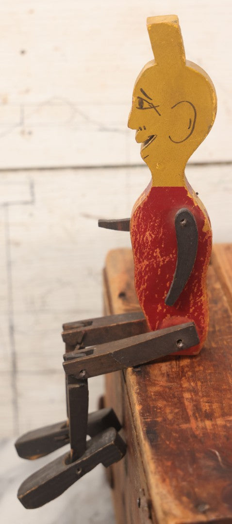 Lot 034 - Antique Folk Art Wood Cut Hand Painted Stick Puppet With Jointed Legs And Arms, Stick Missing, Painted Face