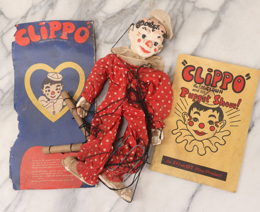 Lot 035 - Vintage Eff-An-Bee Clippo The Clown Marionette Puppet With Partial Box And Original Booklet, Circa 1938, Note Paint Loss, Tangled Strings