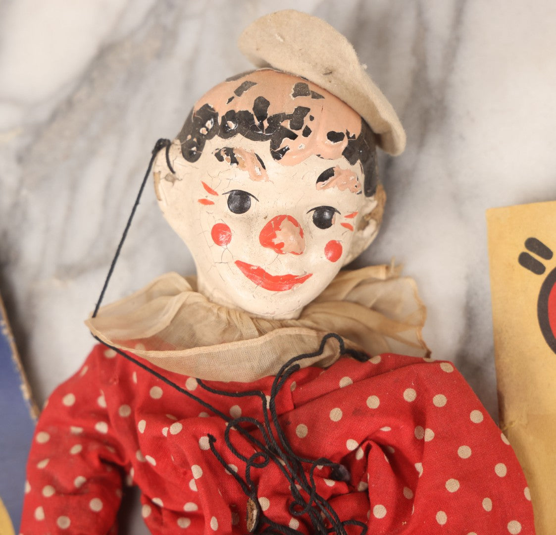 Lot 035 - Vintage Eff-An-Bee Clippo The Clown Marionette Puppet With Partial Box And Original Booklet, Circa 1938, Note Paint Loss, Tangled Strings