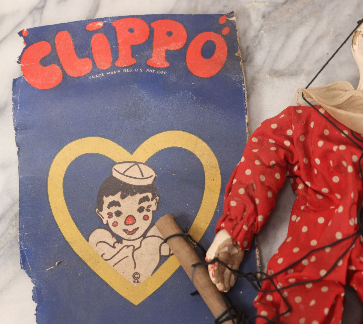 Lot 035 - Vintage Eff-An-Bee Clippo The Clown Marionette Puppet With Partial Box And Original Booklet, Circa 1938, Note Paint Loss, Tangled Strings