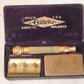 Lot 045 - Antique Brass Gillette Razor, Complete With Original Parts, Blades, In Purple Velvet Lined Carrying Case