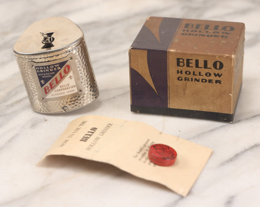 Lot 046 - Vintage Bello Hollow Grinder, Sovereign Model, Razor Sharpener, Mechanical Strope, In Original Box With Paperwork And Bello Paste Tin, By Bello Corporation, Gardner, Massachusetts