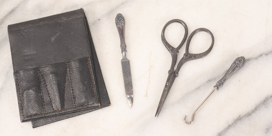 Lot 047 - Antique Sterling Silver Handled Grooming Set With Small Scissors, Button Hook, And File, In Black Leather Case, Marked Sterling, Made In U.S.A.