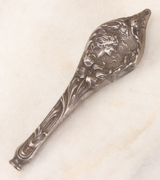 Lot 048 - Antique Art Nouveau Sterling Silver Handle Fragment, Tool Missing, With Woman's Face In Profile, Engraved X-Mas 1902, With M.F.S. Monogram