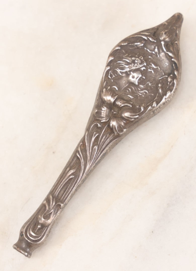 Lot 048 - Antique Art Nouveau Sterling Silver Handle Fragment, Tool Missing, With Woman's Face In Profile, Engraved X-Mas 1902, With M.F.S. Monogram