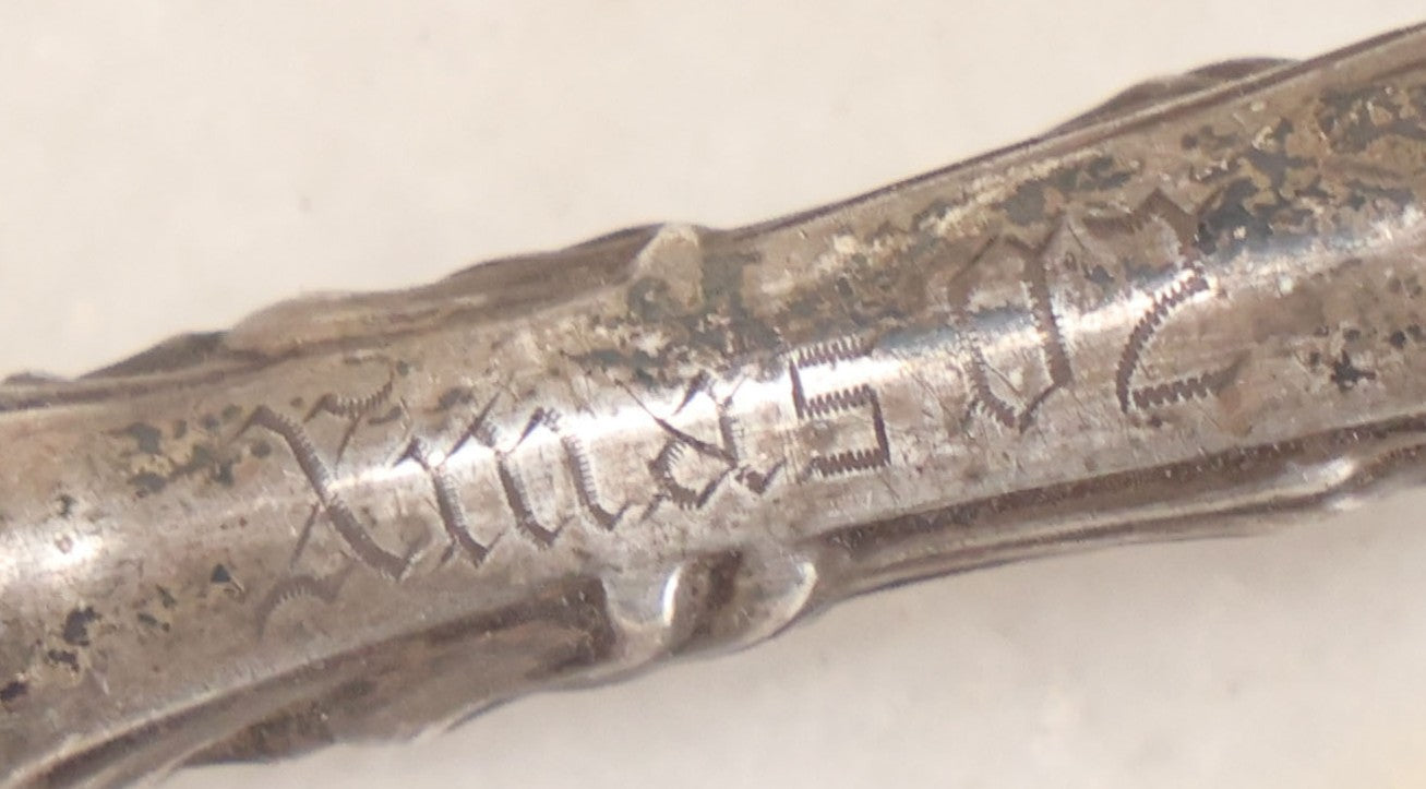 Lot 048 - Antique Art Nouveau Sterling Silver Handle Fragment, Tool Missing, With Woman's Face In Profile, Engraved X-Mas 1902, With M.F.S. Monogram