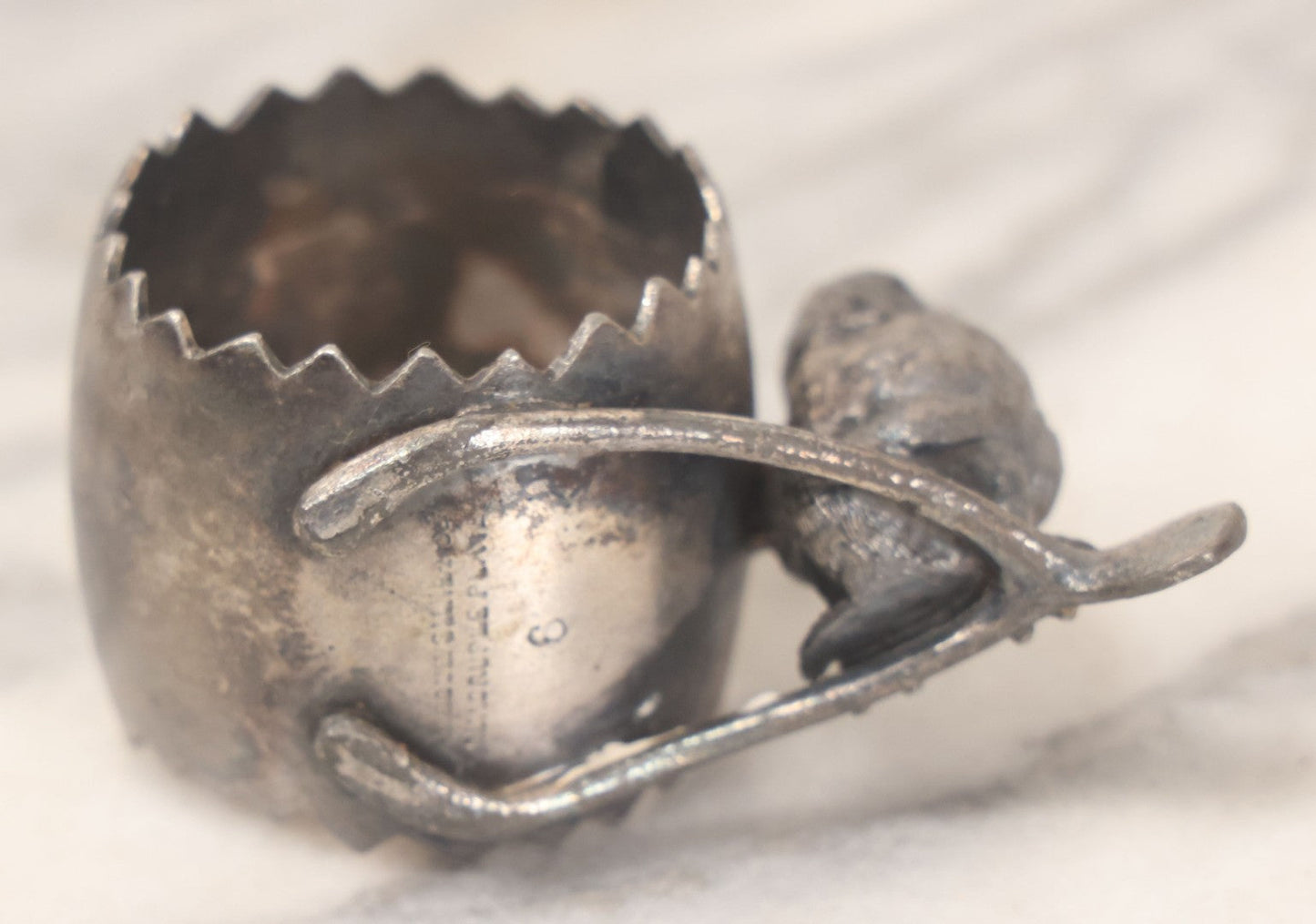 Lot 050 - Antique Silver Plate Figural Napkin Ring With Bird / Chick / Chicken, Wishbone, And Cracked Egg Motif, By Barbour Silverplate Company, U.S.