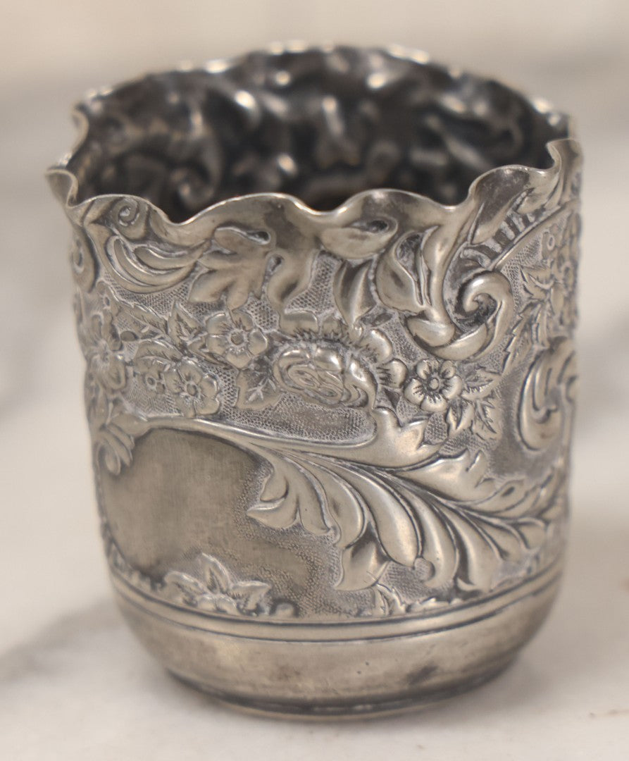 Lot 051 - Antique Ornate Silver Plate Cup With Floral And Foliage Design Motifs, By Derby Silver Co., Quadruple Plated, No. 1506