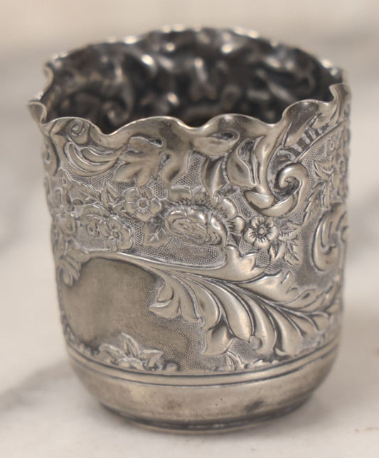 Lot 051 - Antique Ornate Silver Plate Cup With Floral And Foliage Design Motifs, By Derby Silver Co., Quadruple Plated, No. 1506