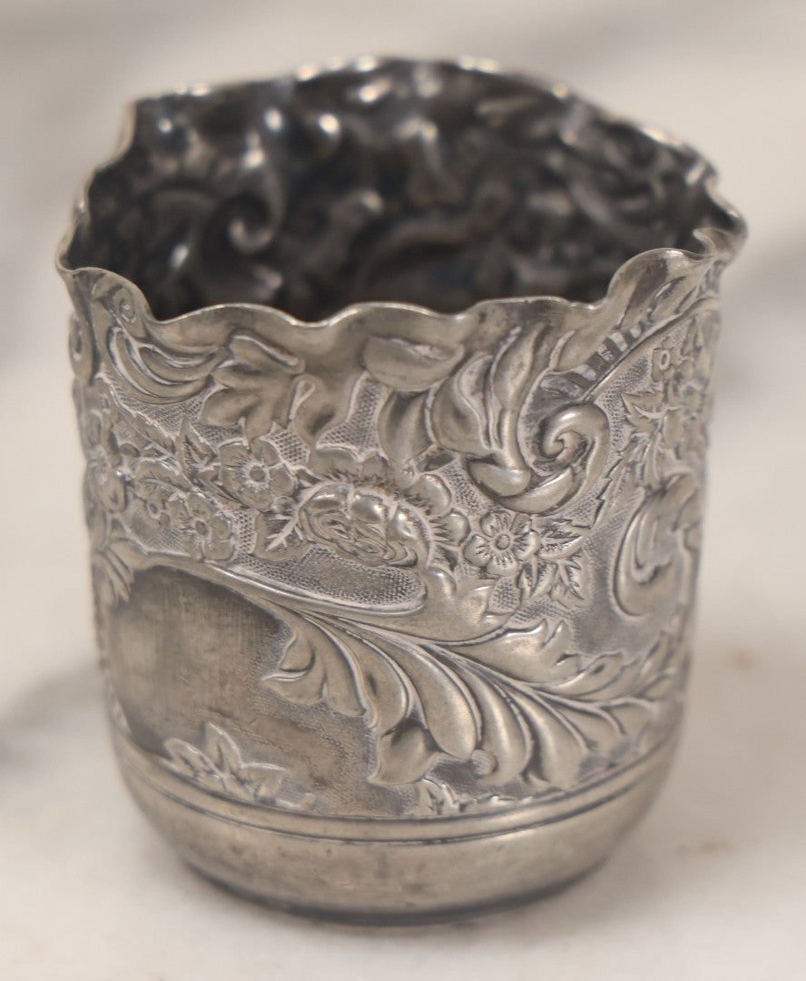 Lot 051 - Antique Ornate Silver Plate Cup With Floral And Foliage Design Motifs, By Derby Silver Co., Quadruple Plated, No. 1506