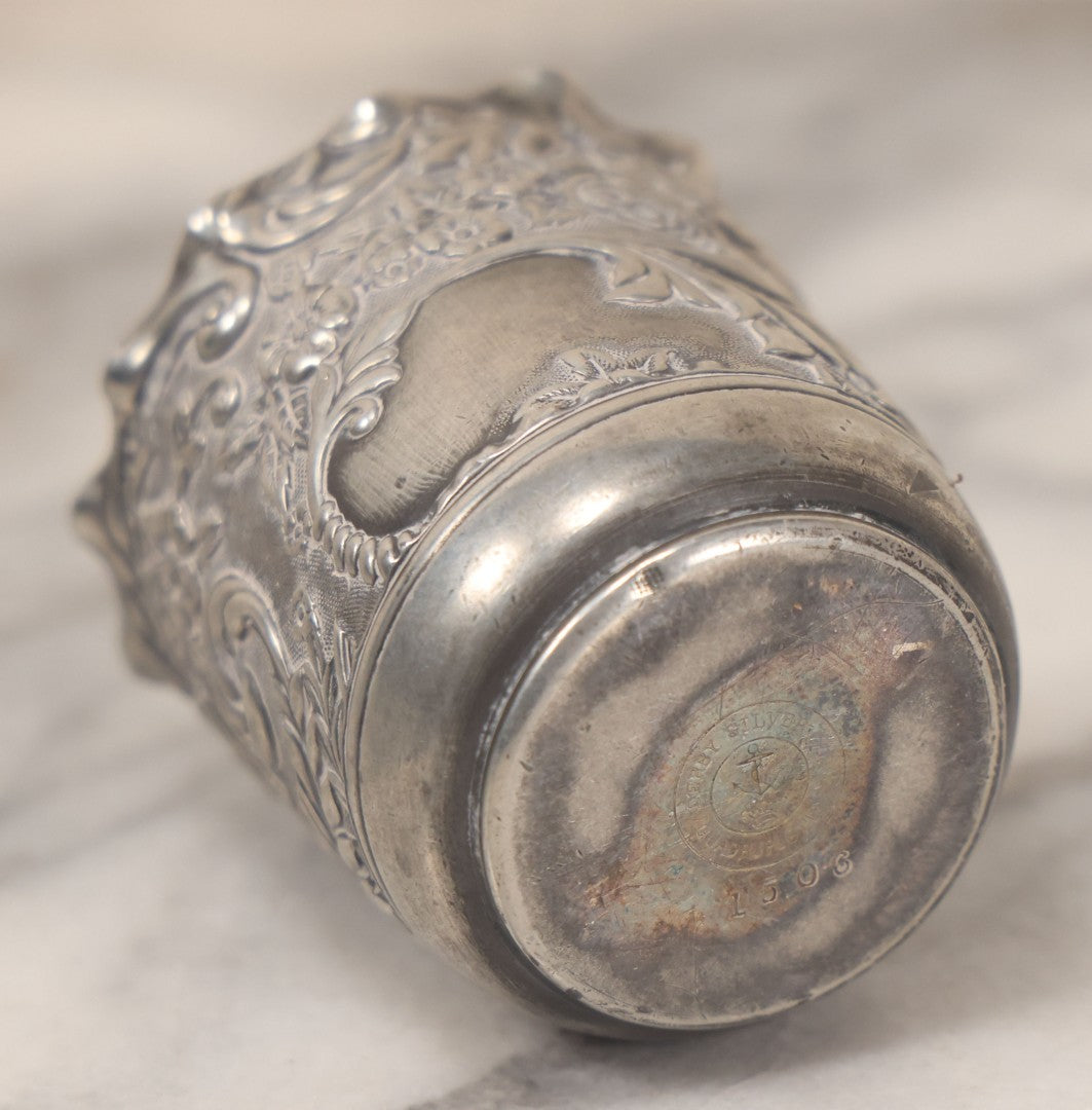 Lot 051 - Antique Ornate Silver Plate Cup With Floral And Foliage Design Motifs, By Derby Silver Co., Quadruple Plated, No. 1506