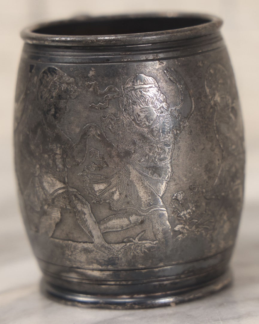 Lot 052 - Antique Silverplate Cup With Dancing Children, Playing Instruments Motif, By Meriden Silver Plate Company, Quadruple Plated, No. 889