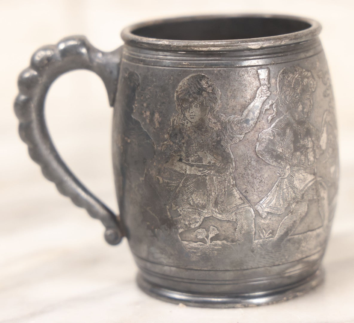 Lot 052 - Antique Silverplate Cup With Dancing Children, Playing Instruments Motif, By Meriden Silver Plate Company, Quadruple Plated, No. 889