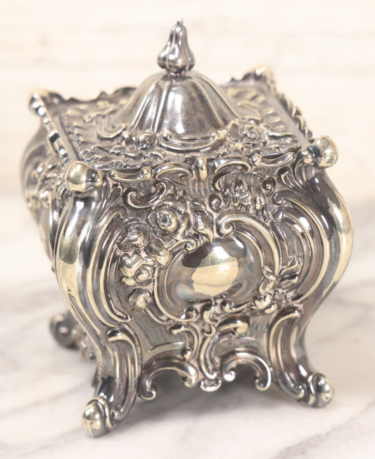 Lot 053 - Fancy Antique Silverplate Tea Caddy With Hallmarks, No. 2 On Bottom, With Hinged Lid