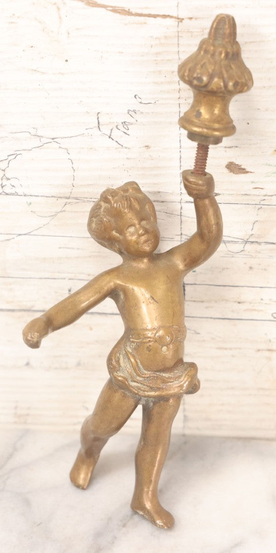 Lot 055 - Antique Cast Brass Cherub Baby Lamp Fragment, With Threaded Hole In Foot, And Threaded Knob On Top, As Found