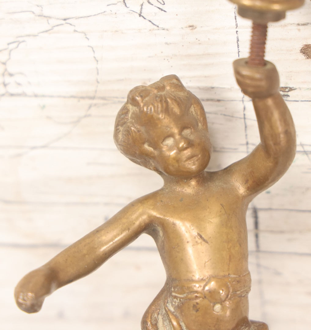 Lot 055 - Antique Cast Brass Cherub Baby Lamp Fragment, With Threaded Hole In Foot, And Threaded Knob On Top, As Found