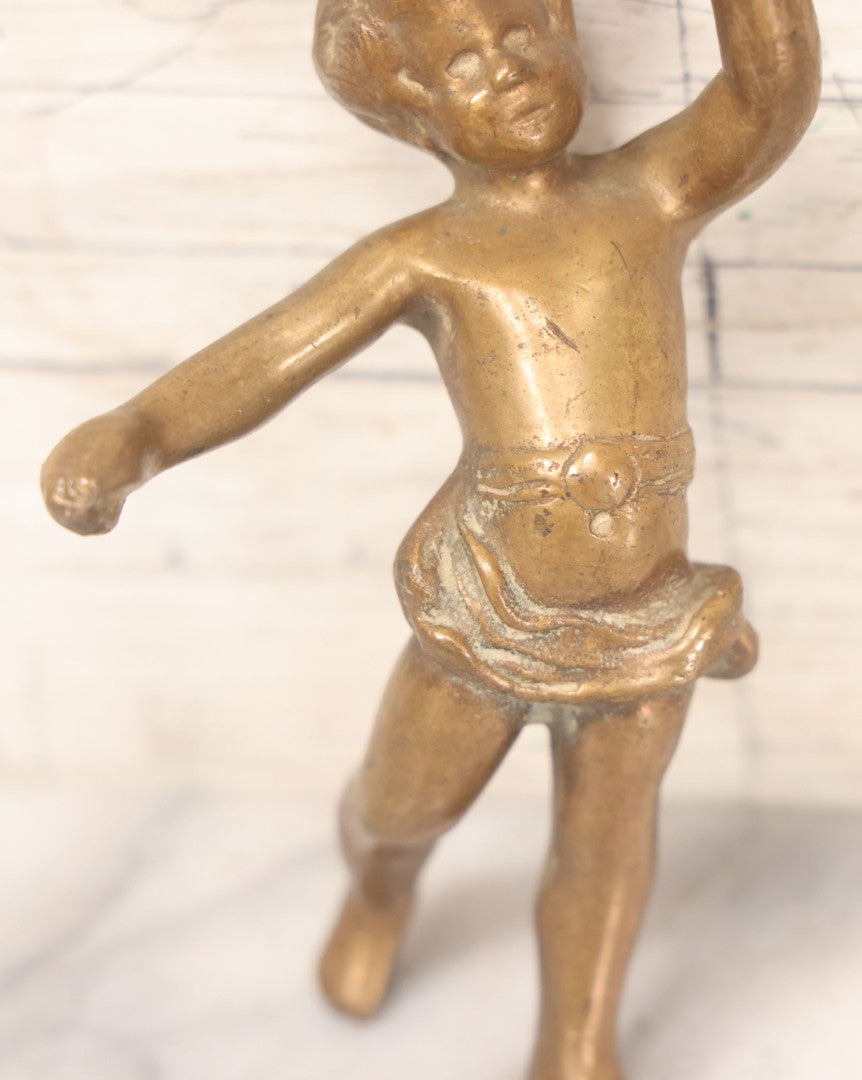 Lot 055 - Antique Cast Brass Cherub Baby Lamp Fragment, With Threaded Hole In Foot, And Threaded Knob On Top, As Found