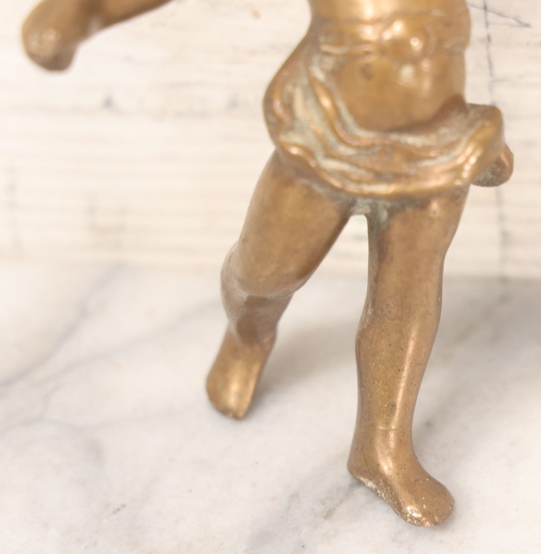 Lot 055 - Antique Cast Brass Cherub Baby Lamp Fragment, With Threaded Hole In Foot, And Threaded Knob On Top, As Found