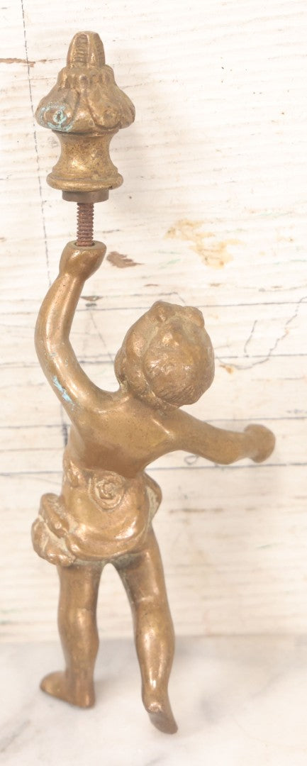 Lot 055 - Antique Cast Brass Cherub Baby Lamp Fragment, With Threaded Hole In Foot, And Threaded Knob On Top, As Found