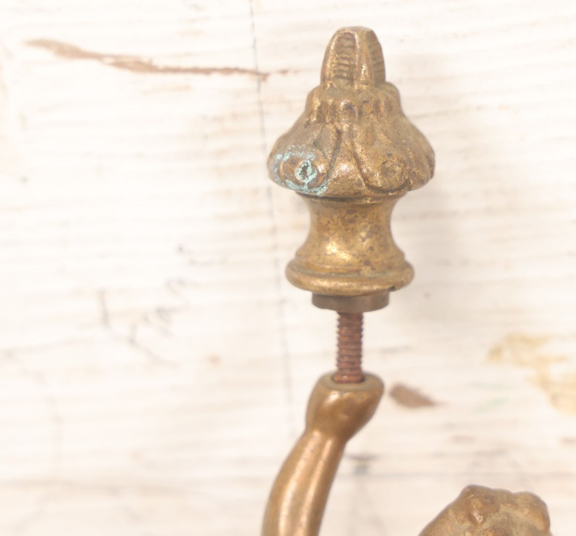 Lot 055 - Antique Cast Brass Cherub Baby Lamp Fragment, With Threaded Hole In Foot, And Threaded Knob On Top, As Found