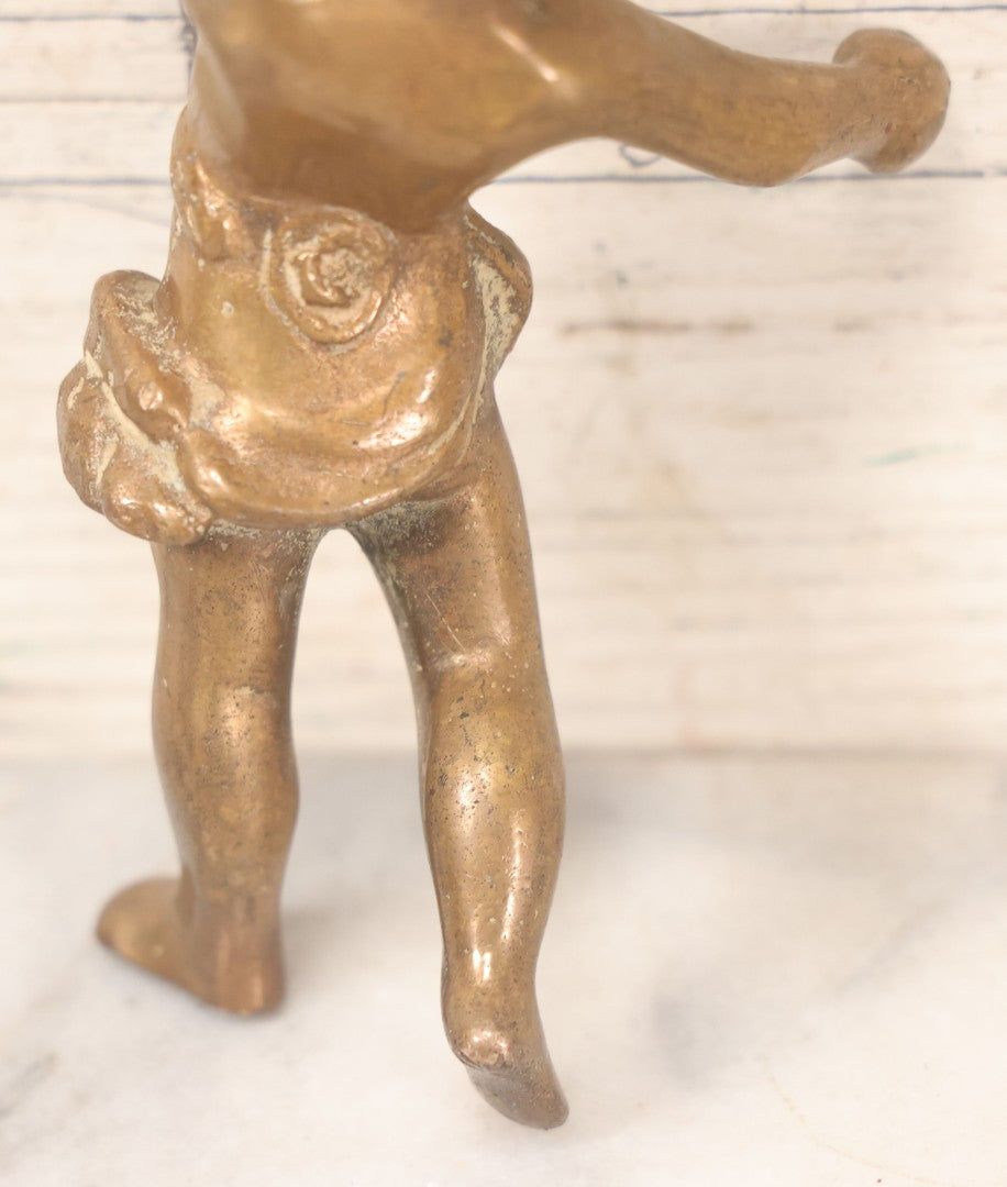 Lot 055 - Antique Cast Brass Cherub Baby Lamp Fragment, With Threaded Hole In Foot, And Threaded Knob On Top, As Found