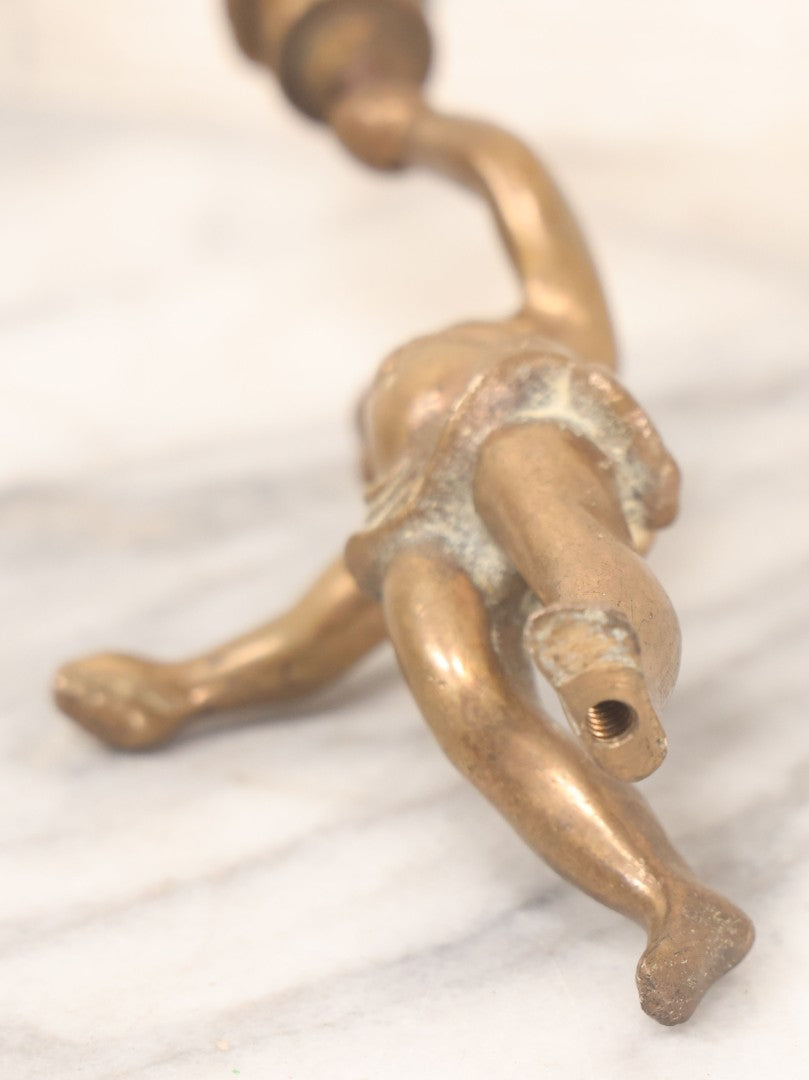 Lot 055 - Antique Cast Brass Cherub Baby Lamp Fragment, With Threaded Hole In Foot, And Threaded Knob On Top, As Found